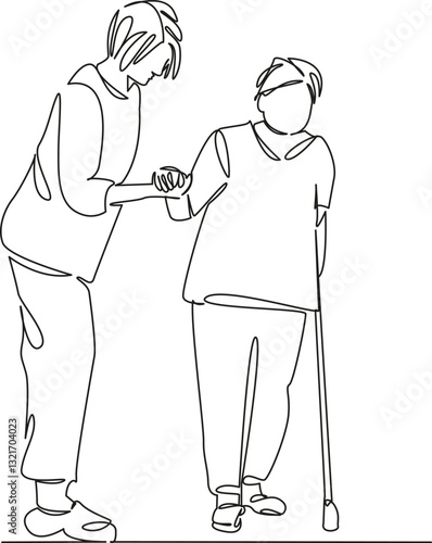 One continuous single drawing line art flat doodle person, nurse, care, support, doctor, walking, woman. Isolated image hand draw contour on a white background, hand drawn, not AI