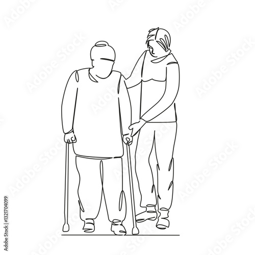 One continuous single drawing line art flat doodle woman, doctor, nurse, support, care, walking, senior. Isolated image hand draw contour on a white background, hand drawn, not AI