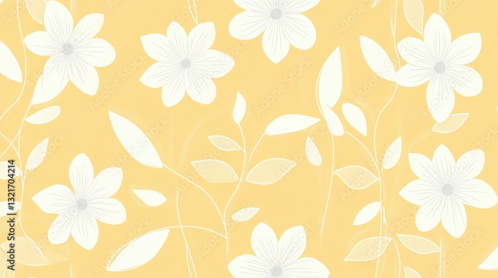 Soft Yellow Floral Pattern with Delicate White Flowers and Leaves Soft Yellow Floral Pattern with Delicate White Flowers and Leaves
