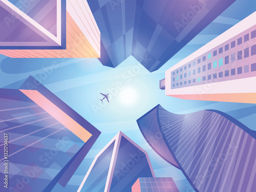 City buildings bottom view. Skyscraper tall town commercial building on sky landscape, urban town street architecture looking-up megalopolis cityscape, swanky vector illustration