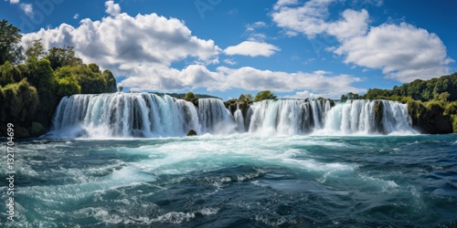 Water flows down cliffs amid vibrant trees and a clear sky, creating a peaceful scene