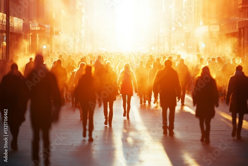 Urban Exodus: A luminous portrayal of people walking into radiant light