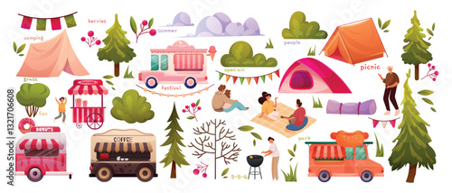 Camp festival. Summer tree, hike and tent, fun park event with truck or bus. Glamping activity with people family. Forest adventures. Cartoon flat style isolated illustration. Vector background