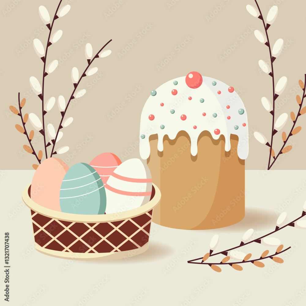 Easter cake with icing and easter eggs colorful easter illustration greeting card vector