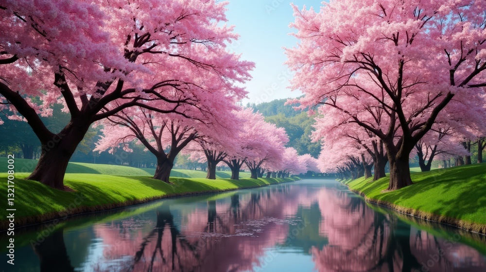 Cherry blossom trees in full bloom, delicate pink petals surrounding a tranquil pond. A gentle spring breeze carries blossoms through the air in a serene, peaceful scene. Cherry blossom trees in full bloom, delicate pink petals surrounding a tranquil pond. A gentle spring breeze carries blossoms through the air in a serene, peaceful scene.