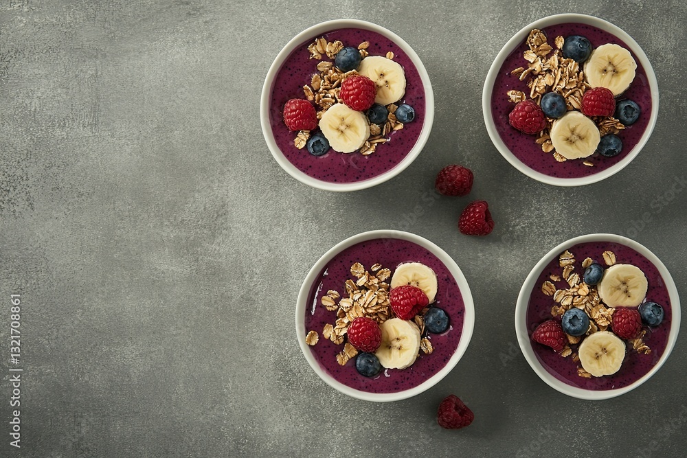 Summer acai smoothie bowls with raspberry, banana, blueberry and granola on grey concrete background. bowl with fruits and cereals, close-up, top view, space for text. Summer acai smoothie bowls with raspberry, banana, blueberry and granola on grey concrete background. bowl with fruits and cereals, close-up, top view, space for text.