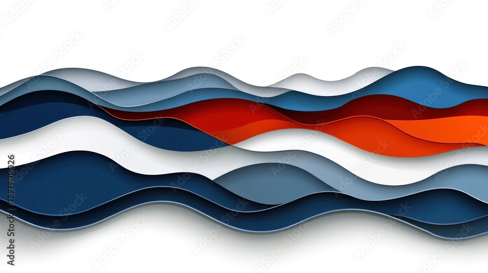 Fototapeta premium Abstract wavy layered paper cut design in blue, orange, and white.