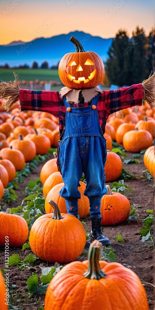 Halloween scarecrow in pumpkin field