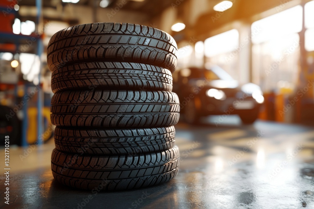 Stacked car tires in a garage, ready for installation and seasonal change