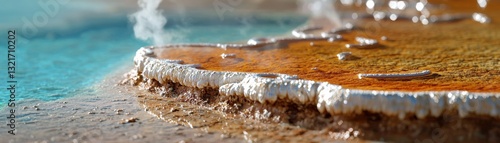 Witness the raw power of nature in this stunning photograph showcasing a vibrant geothermal spring with a geyser erupting, creating a cloud of steam and energy Explore the colorful mineral deposits