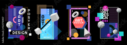 Abstract design elements. Graphic logo, banner or shape layout, modern background or 3d collage cover. Geometric figures isolated on colorful glossy backdrop. Vector trendy frame