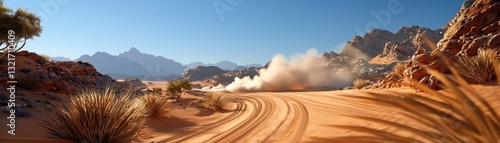Witness the Thrill Off-Road Racing Adventure Through the Desert Landscape Experience the Power and Speed as Vehicles Navigate the Sandy Terrain, Creating Dust Clouds and Unforgettable Moments Explore
