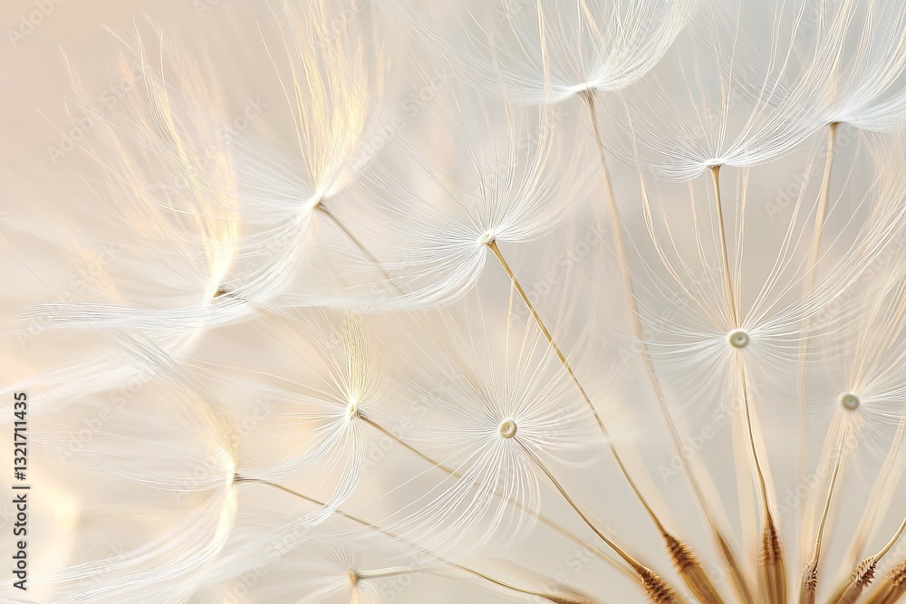 Obraz premium Elegant Dandelion Seeds White Soft Background Nature Photography Delicate Floral Macro Shot Botanical Closeup Soft Light Dreamy Peaceful Serene 