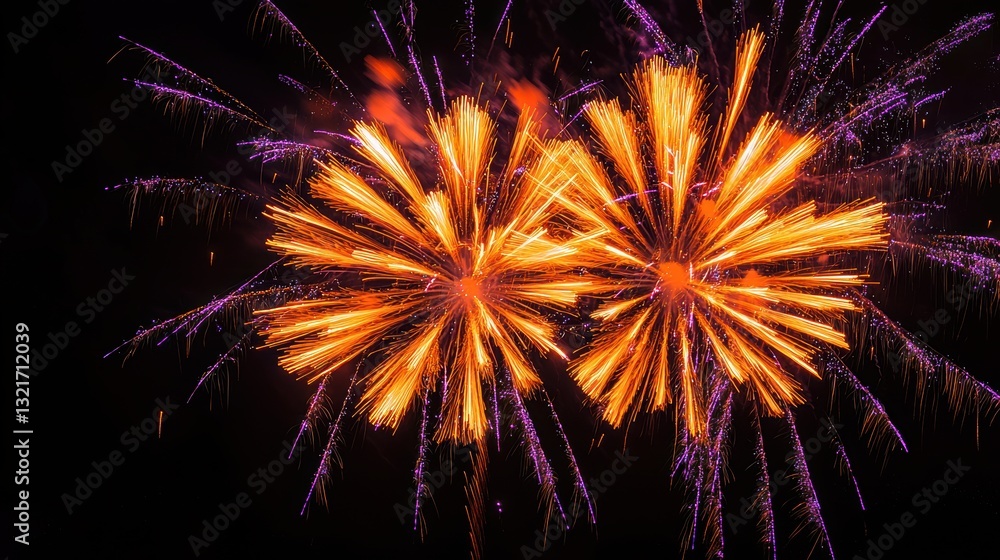 Fototapeta premium Fireworks exploding with orange and purple colors on a black background