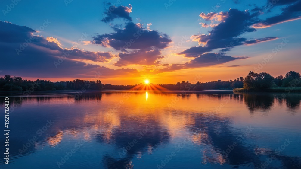 Fototapeta premium A beautiful sunset reflecting in a calm lake water scene