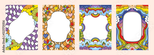 Wavy frame. Cute retro border. Groovy rainbow. Fun wave pattern shapes. Scallop y2k girly line. Psychedelic flower. Surreal checkered grid. Hallucinogen mushroom. Vector backgrounds set
