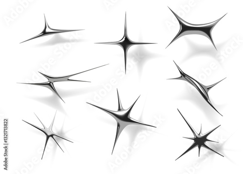 3D sparkle. Y2k brutalism spark. Future brutalist lighting twinkle star or splash silhouette. Magic explosion shapes. Aluminium blobs. Platinum or mercury spikes. Vector steel forms set