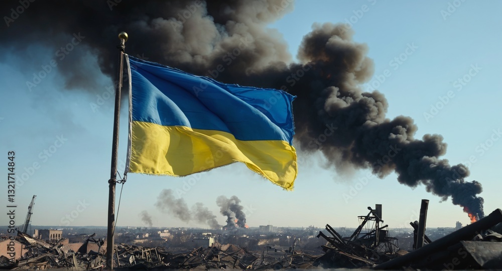 Ukraine flag flying proudly in the wind, smoke and destruction - aftermath of war