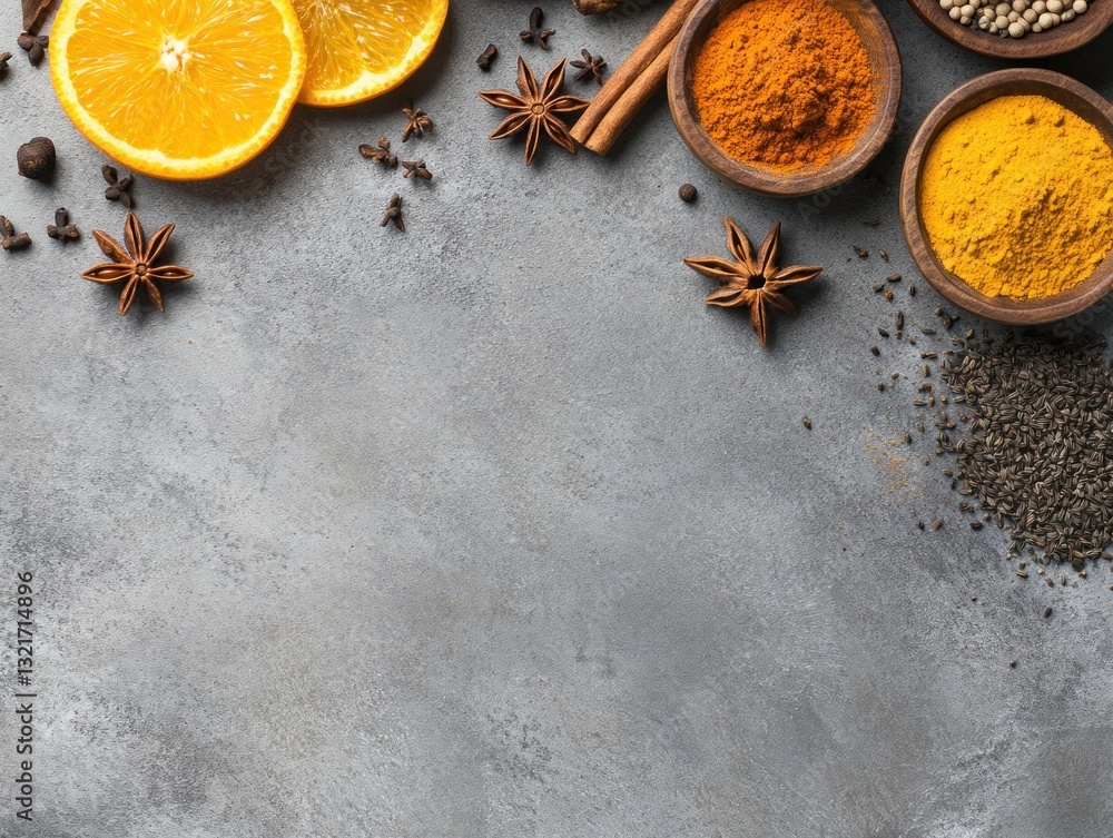 Aromatic spices, orange slices, and copy space.