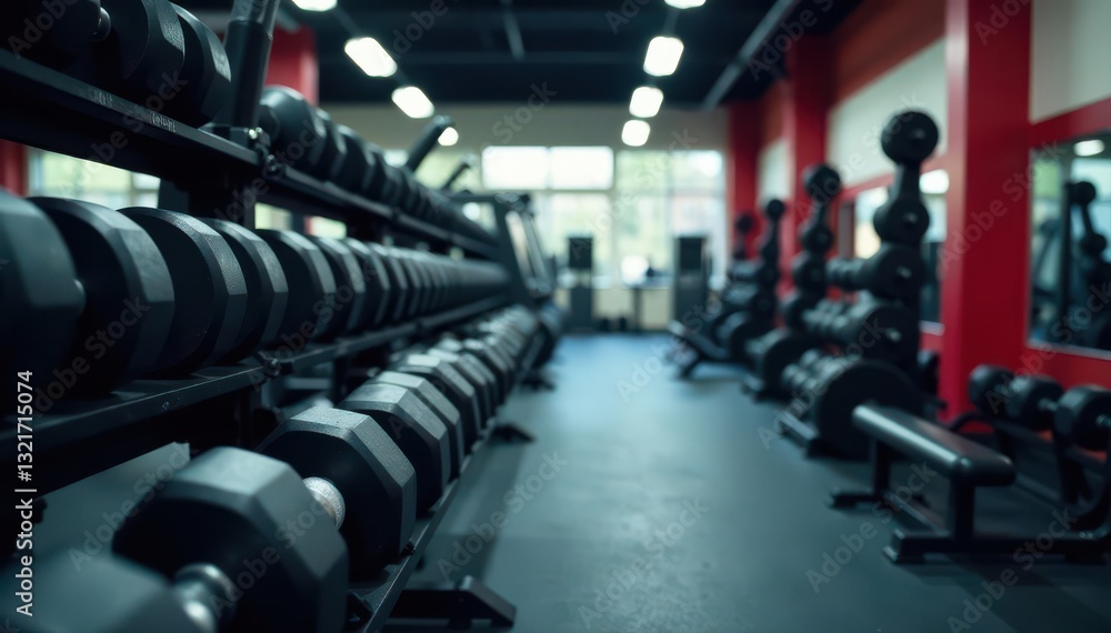 Fototapeta premium Weightlifting equipment in empty gym, dumbbells and barbell on rack, health, metal