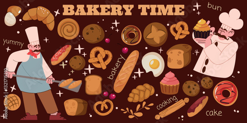 Bakery characters. Bread baker, cook in retro tasty confectionery. Sweet cookie, cake in croissant shop. Homemade baguette and pastry. Vector doodle people, cartoon flat isolated illustration