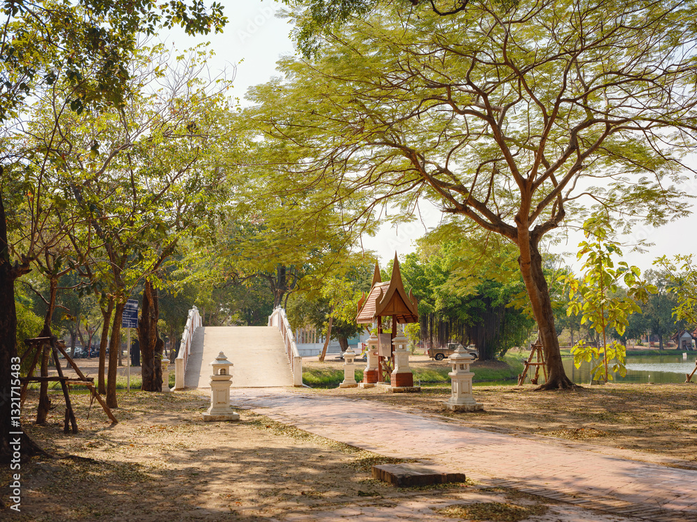 Fototapeta premium details in park of ancient city Ayutthaya and iconic landmarks, showcasing intricate architecture, historical ruins, and cultural heritage in serene atmosphere of this UNESCO World Heritage site.