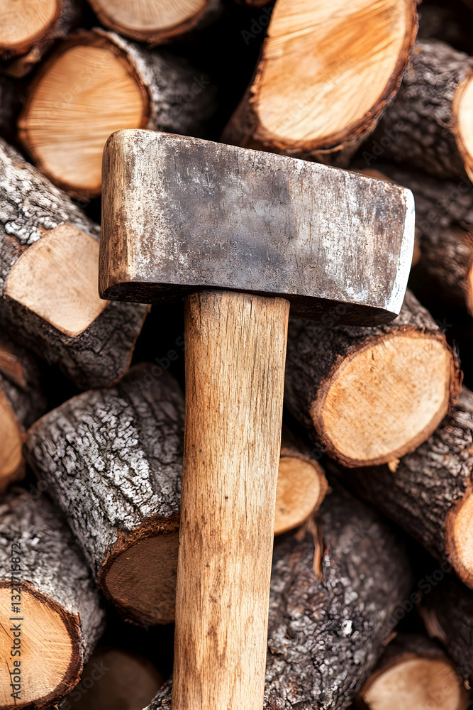 Weathered maul rests against a stack of firewood logs Weathered maul rests against a stack of firewood logs