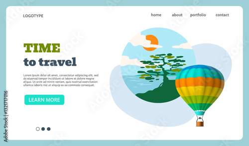 Hot air balloon. Travel time landing page. Adventure journey. Nature landscape. Website template. Aerial transportation. Sky vehicle. Ballooning flight. Summer tourism. Vector background