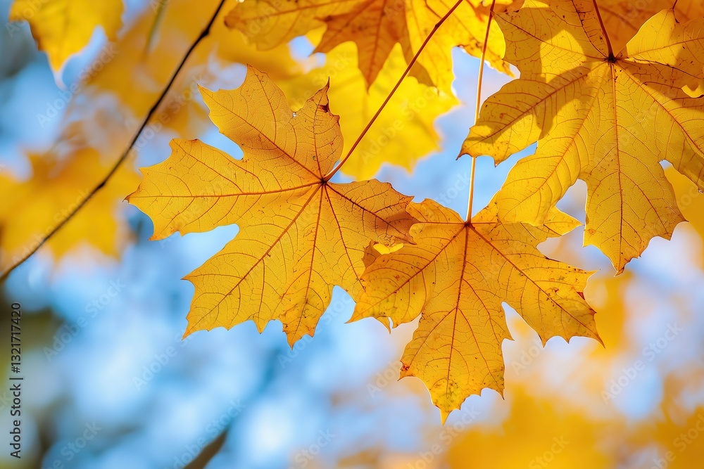 Golden yellow maple leaves on tree branches against a bright blue sky in sunny autumn day
Golden yellow maple leaves on tree branches against a bright blue sky in sunny autumn day