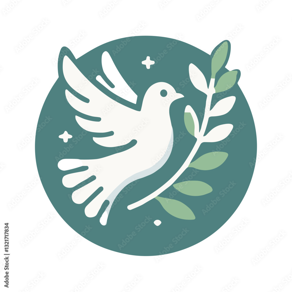 Fototapeta premium Peaceful dove holding an olive branch in a circular design on a soft background