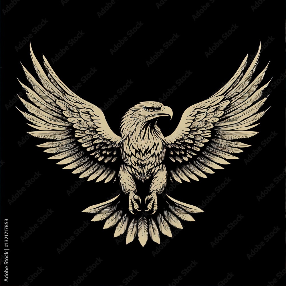 Obraz premium Majestic eagle with spread wings on black, embodying freedom and power. Ideal for national symbols, wildlife conservation, and patriotic themes.