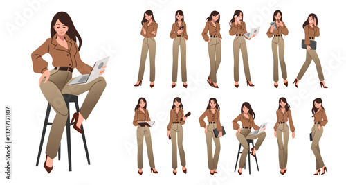 Busy woman. Office work people, executive female person. Young human pose, success professional. Businesswoman in different poses with laptop or documents. Vector cartoon flat illustration set