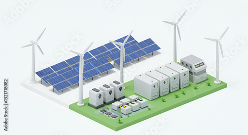 Isometric 3D render of wind turbines solar panels and a battery bank isolated on a white background Depicts alternative renewable power generation and electricity production in the.solar panel, sky, b