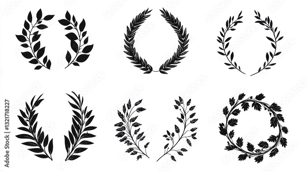 Decorative laurel wreaths set, various styles Decorative laurel wreaths set, various styles