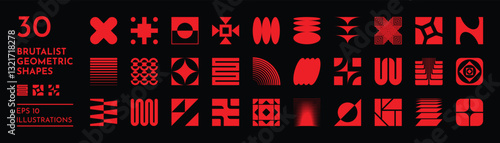 Brutal shapes. Abstract logo elements. Graphic square symbols or Y2K silhouette stickers. Red geometric figures. Retro brutalist geometry. Basic forms. Vector Bauhaus design icons set