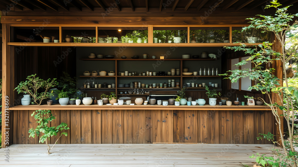 Minimalist Japandi kitchen with built-in open shelving, displaying neatly arranged pottery and glassware Minimalist Japandi kitchen with built-in open shelving, displaying neatly arranged pottery and glassware