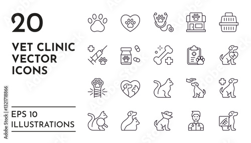 Pet icons. Vet clinic. Veterinary shop. Hospital for domestic animals. Syringe and pills. Medicine symbols. Dog and cat care. Parrot cage. Collar and carrier. Vector line pictograms set