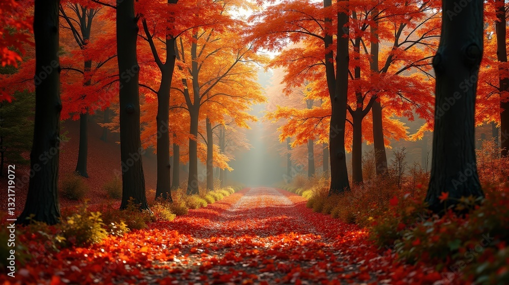 Fototapeta premium Dense autumn forest ablaze with vivid orange and red leaves, golden sunlight filtering gently through the trees, casting a warm and cozy atmosphere.