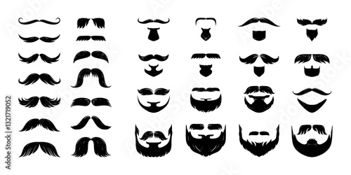 Black beard. Curly man silhouette, goggles haircut or hair for male hipster character, moustache and whisker style. Facial guy icon. Portrait objects. Barbershop isolated vector illustration