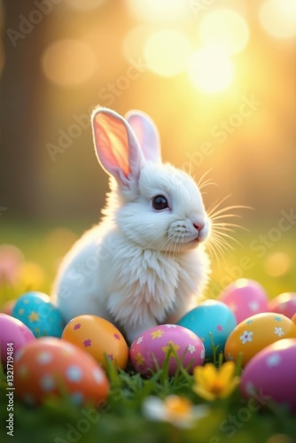 Wallpaper Mural Fluffy white rabbit nestled in colorful Easter eggs, sunrise backdrop , dawn, eggs, colorful Torontodigital.ca
