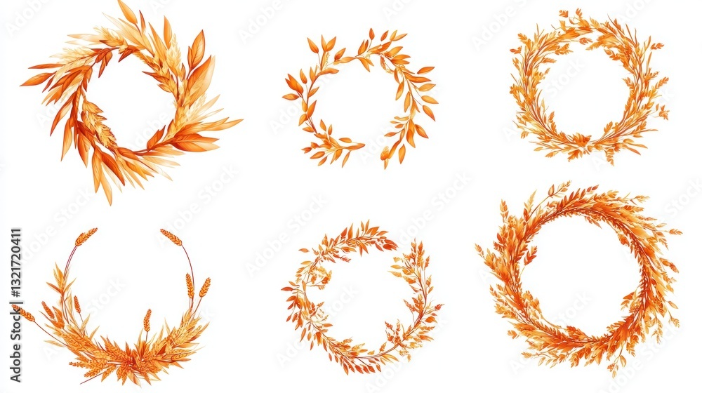 Decorative Wheat Wreath Collection on White Background