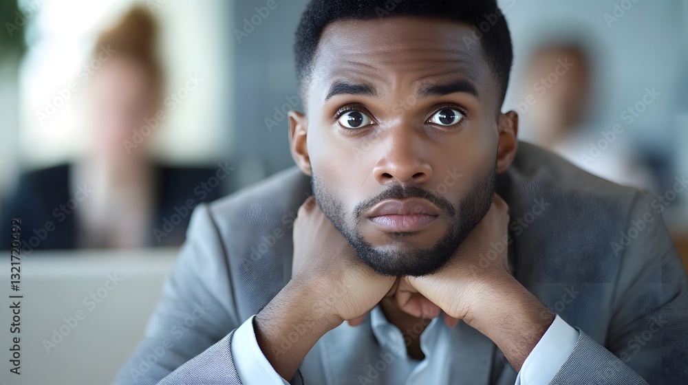 Obraz premium a worried man sitting at a desk with his head in his hands.
