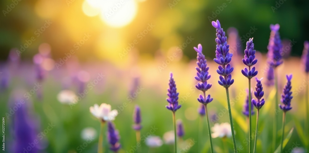 Naklejka premium Purple lavender blooms in summer field, sunlight dappled , image, flowers, peaceful