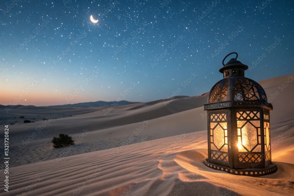 Glowing Lantern in Desert Under Starlit Night Sky Glowing Lantern in Desert Under Starlit Night Sky