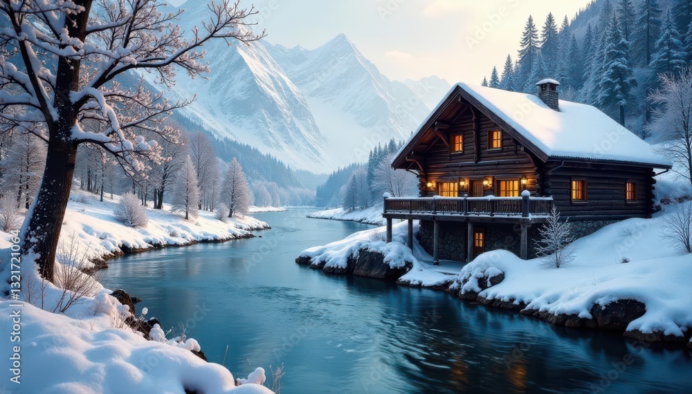 Fototapeta premium Rustic wooden chalet by a flowing river, winter scene, photography, winter, forest