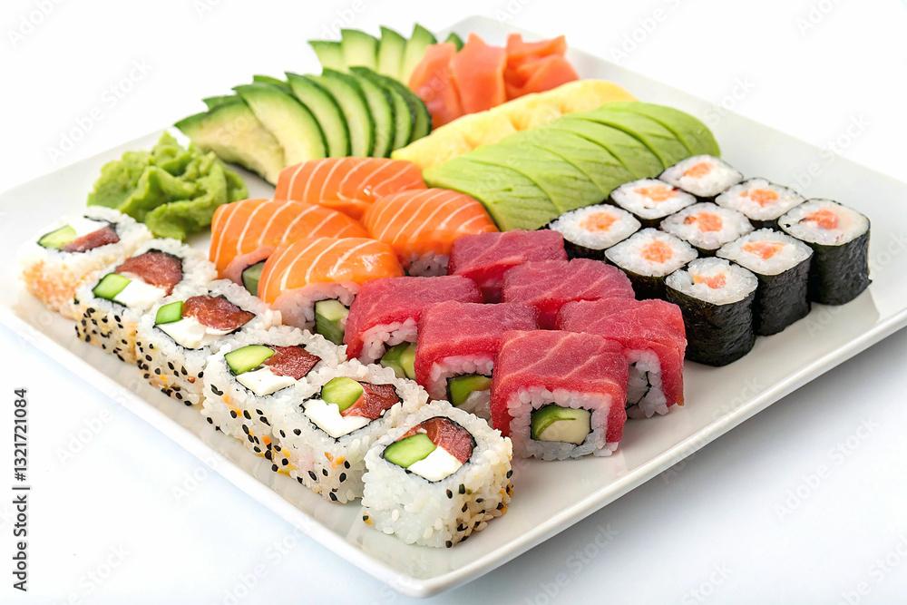 Delicious Variety of Sushi Platter with Colorful Rolls and Sashimi Delicious Variety of Sushi Platter with Colorful Rolls and Sashimi