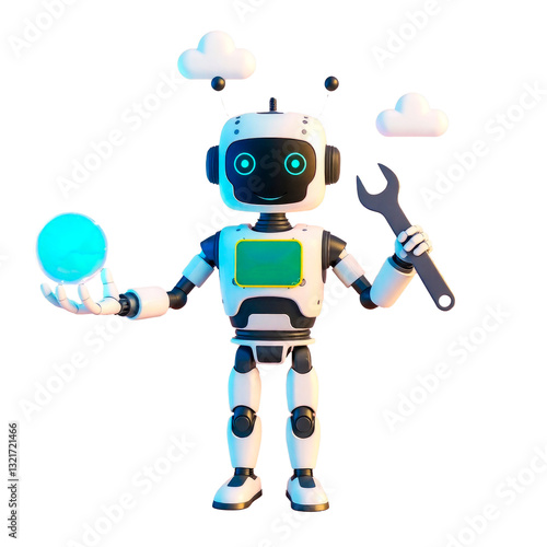 Futuristic 3D Robot Illustration with transparant background.  AI Smart Automation Concept