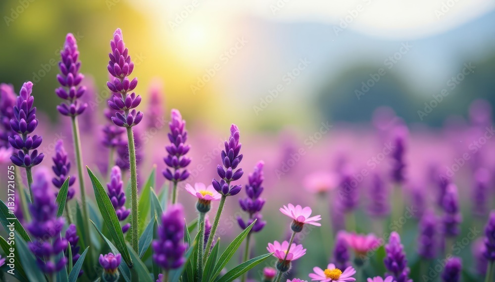 Obraz premium Lavender & heather meadow, vibrant purple blooms, bright, peaceful