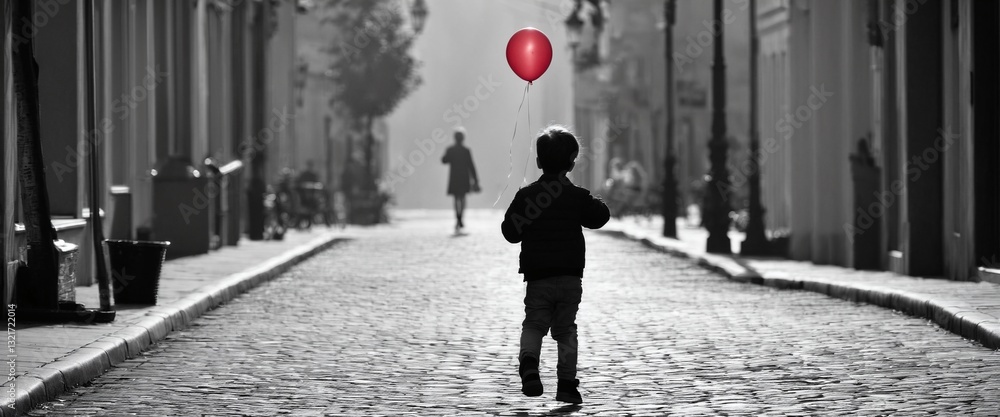 Alone child walking down city street with red balloon. Loneliness