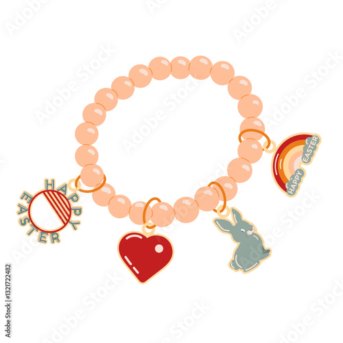 Happy Easter Jewelry in the form of a bracelet. A bracelet with a red heart, a rabbit, a keychain with Happy Easter and a rainbow. Pink children s bracelet with gold rings.